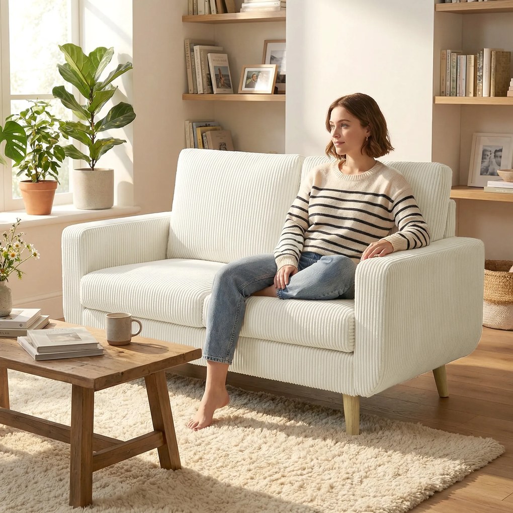 Sofá de 2 Lugares em Veludo 134 cm com Pés de Madeira Encosto Espesso Sofá Moderno para Sala Quarto Creme