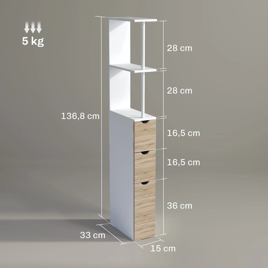Coluna de Casa de Banho Moderna Auxiliar com 2 Prateleiras, 2 Gavetas e 1 Porta Antiviragem 15x33x136,8 cm Madeira Natural