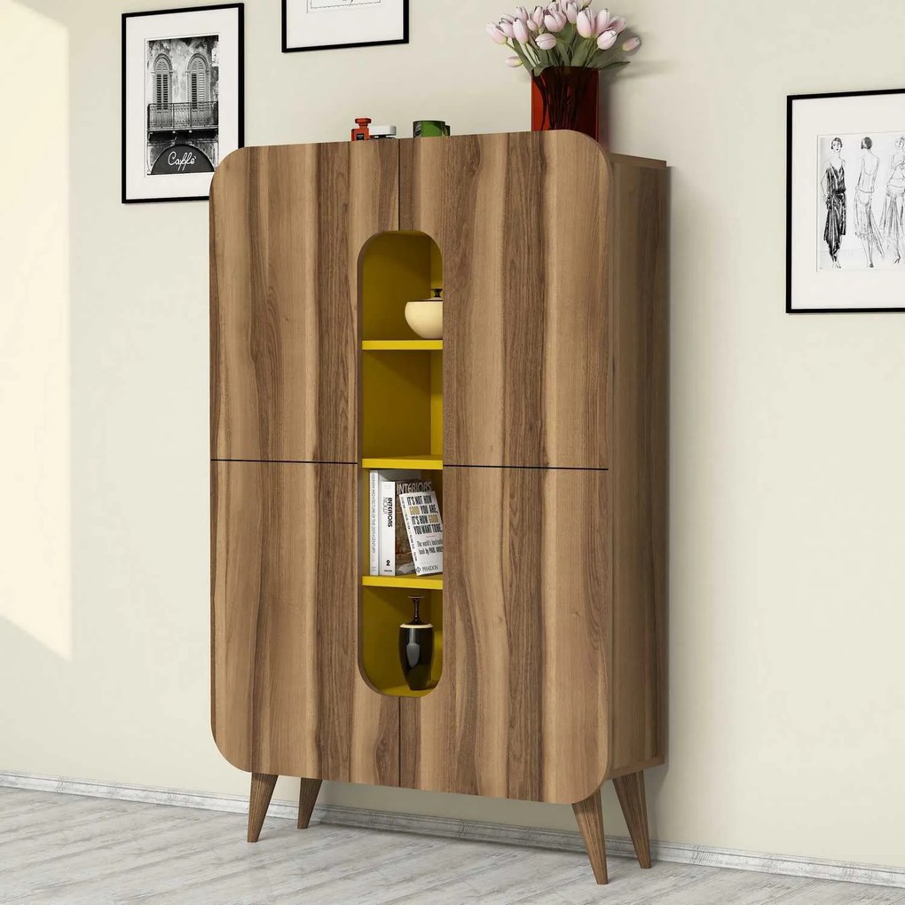 Armário Multiuso Mine – Nogueira e Amarelo – 93x144x31,8 cm