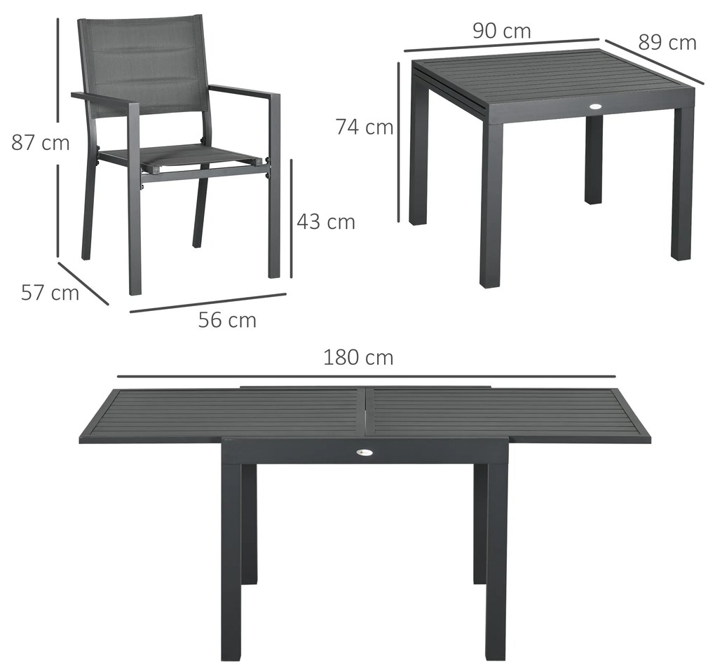 Conjunto de Móveis de Jardim 7 Peças Conjunto de Refeição de Exterior com Mesa Extensível e 6 Cadeiras Empilháveis com Estrutura de Alumínio e Assento