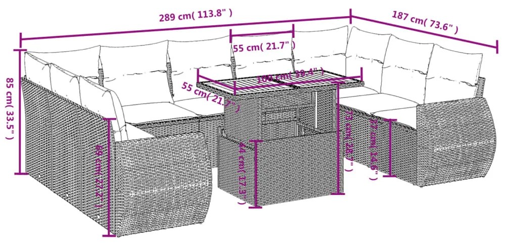 10 pcs conjunto sofás de jardim c/ almofadões vime PE preto
