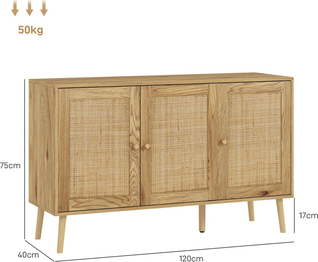 Aparador de sala de estar 120 x 40 x 75 cm com armários com portas em rattan e prateleira ajustável, em madeira natural
