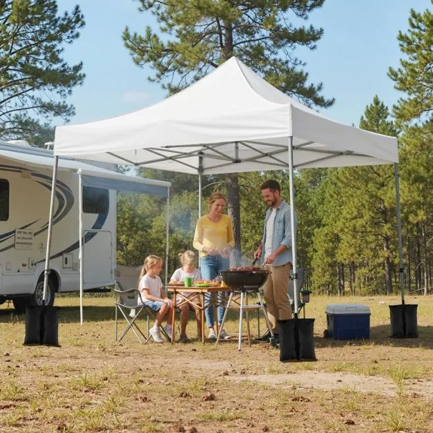 Tenda dobrável de 3x3 m com 3 paredes laterais, altura ajustável, 4 sacos de areia, cordas, estacas e saco com rodas para festas e acampamento, branca