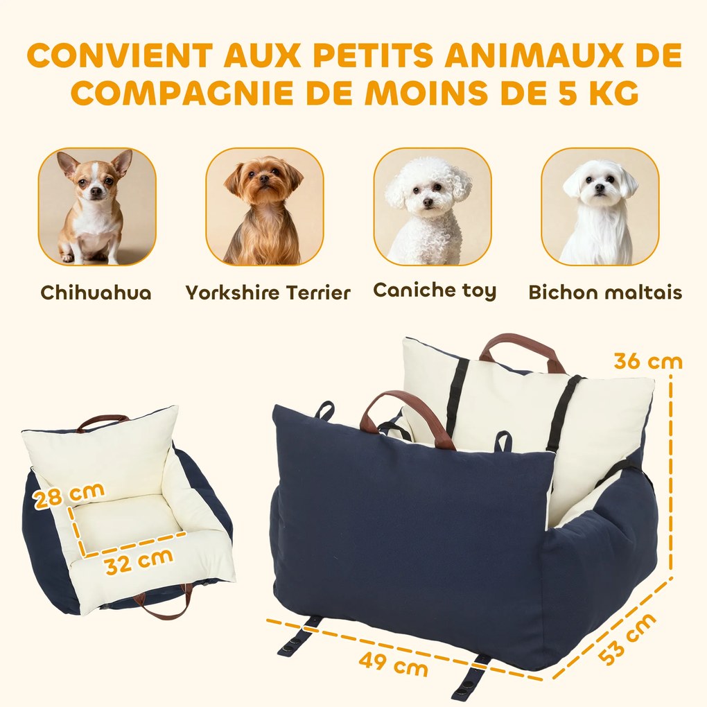 Assento de carro para cães  49x53x36 cm com cinto de segurança e sistema de fixação ao banco do carro, almofadado, azul-marinho