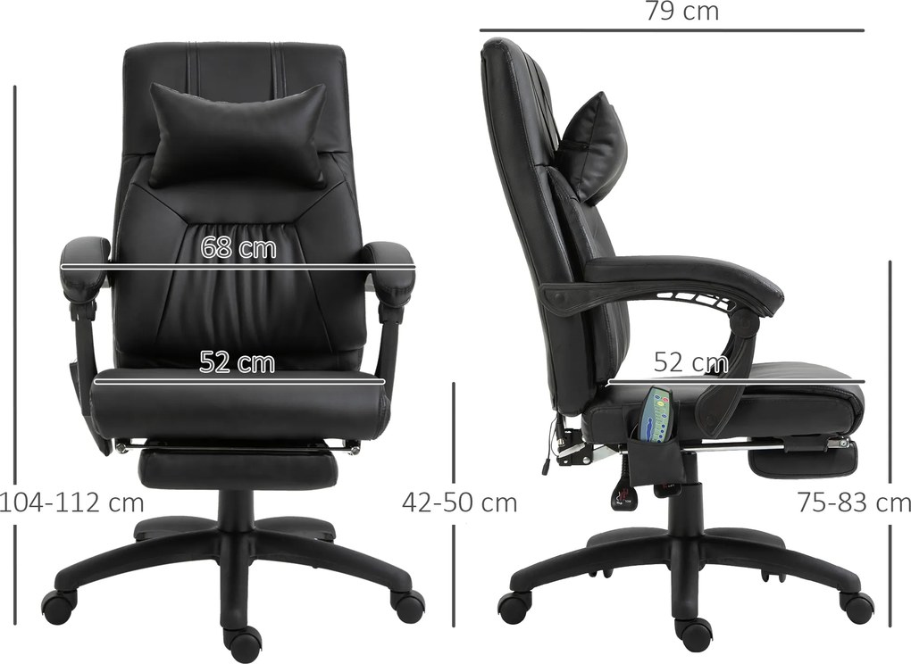 Cadeira de escritório executiva com função de massagem, apoio para os pés e apoio para a nuca integrados, encosto reclinável e altura ajustável, 68 x