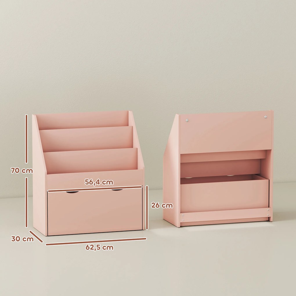 Estante infantil com vários compartimentos, com 3 níveis de prateleiras e uma gaveta, 62,5 L x 30 L x 70 A cm, rosa
