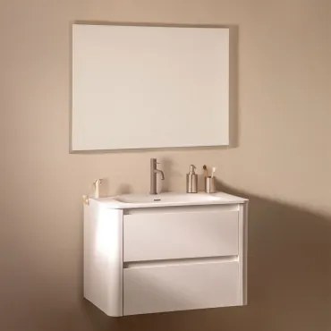 Conjunto De Móvel De Casa De Banho Suspenso 80x50 Cm Em Madeira Com Lavatório Integrado Egerton Branco & Led Retangular E Anti-embaciamento - Sklum