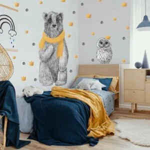 Grande urso autocolante em preto e branco com acessórios dourados e coruja