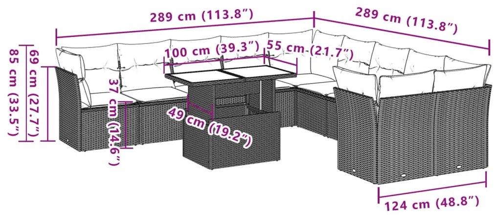 11 pcs conjunto sofás de jardim c/ almofadões vime PE bege