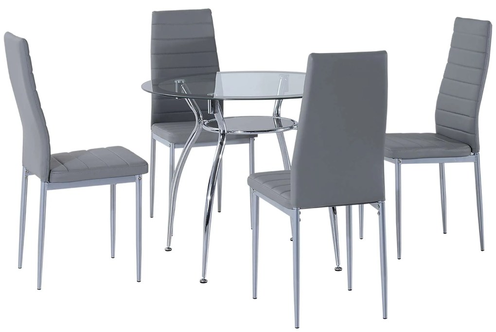 HOMCOM Conjunto de Refeição Mesa e 4 Cadeiras Conjunto de 5 Peças Mesa Redonda de Vidro Temperado Ø90x75cm e Cadeira 42x52x96cm Cinza