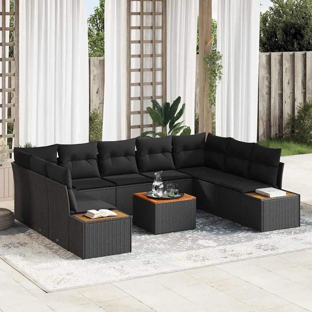 vidaXL Conjunto de Sofá de Jardim com almofada 10 pcs Preto vime PE