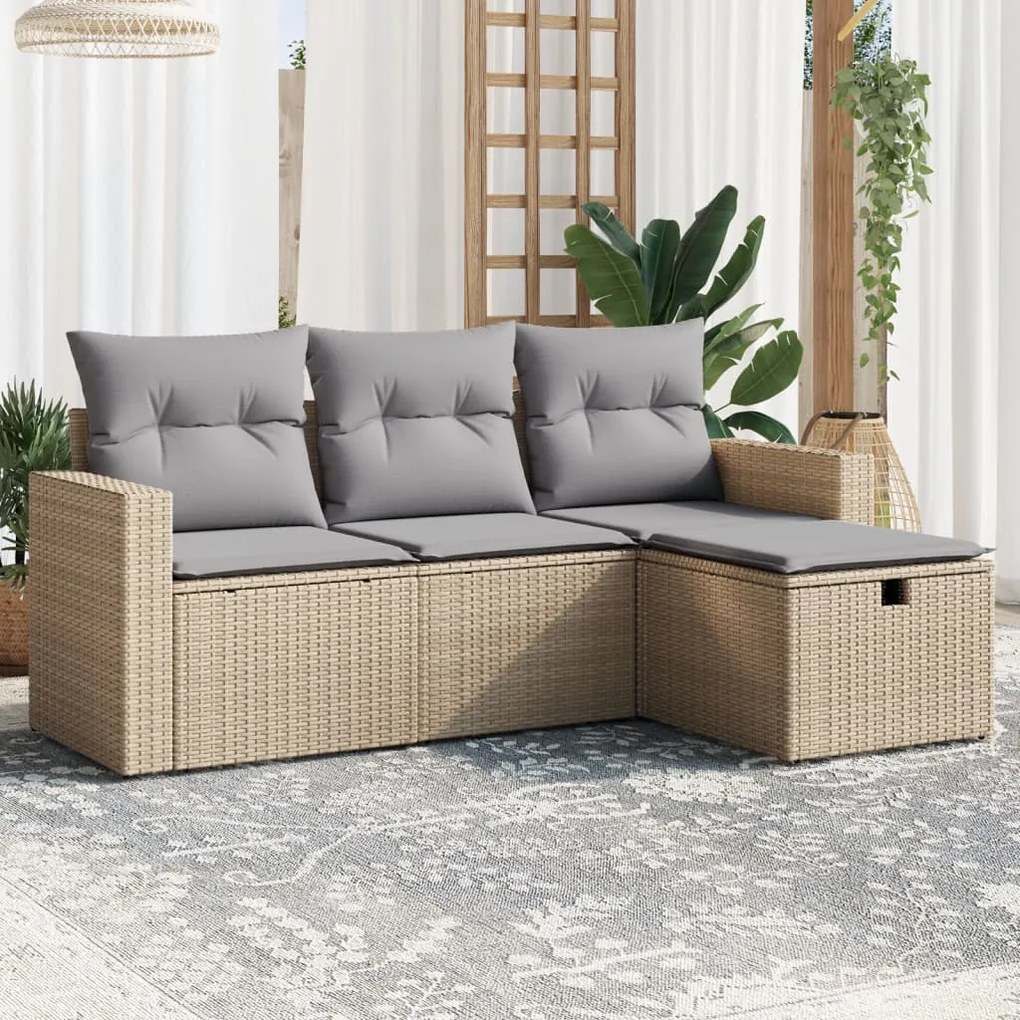vidaXL 4 pcs conj. sofás jardim c/ almofadões vime PE bege misturado