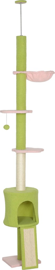 PawHut Arranhador para Gatos para Fixar ao Teto Altura Ajustável 220-240 cm Plataformas em Flor e Sisal 30x25x240 cm Verde | Aosom Portugal
