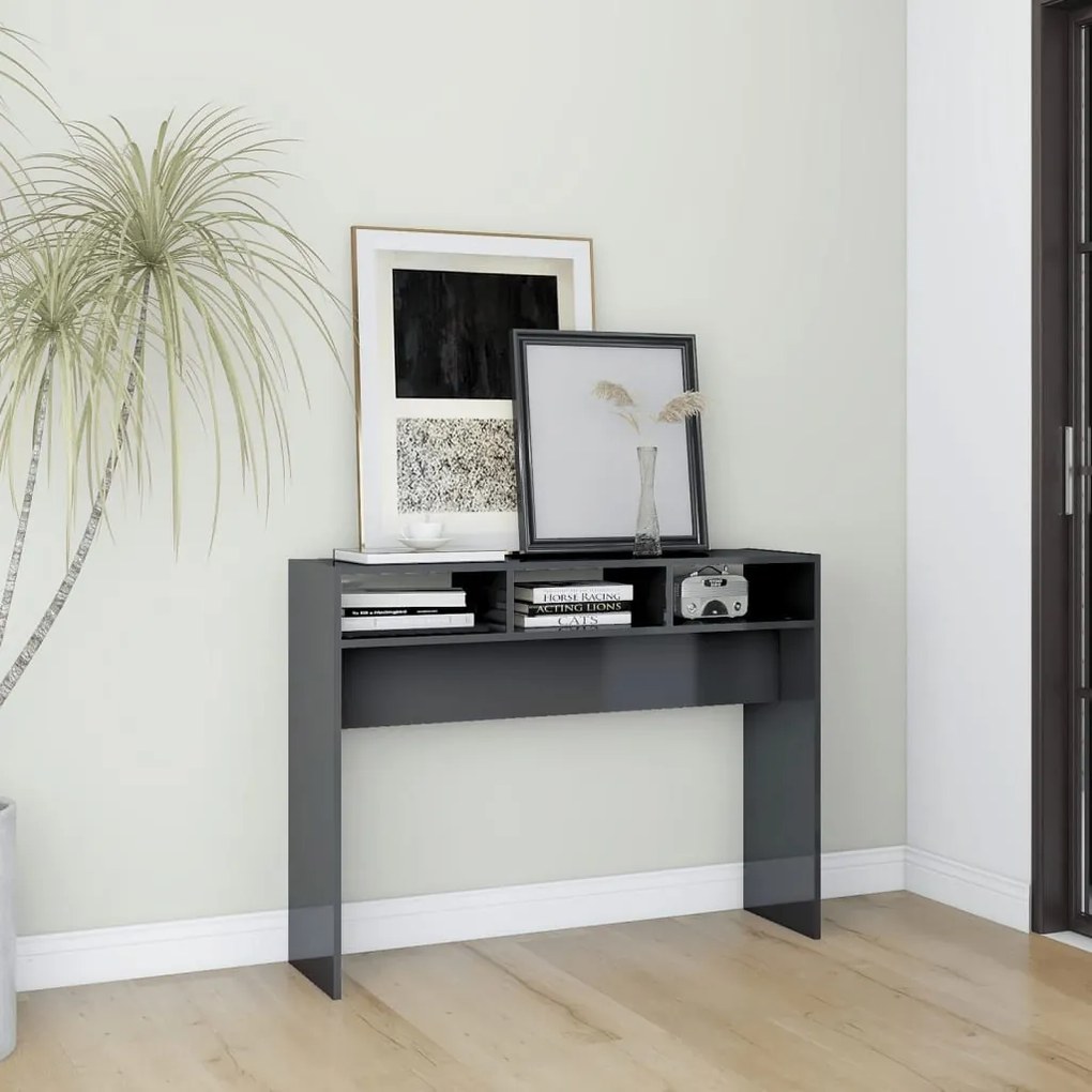 vidaXL Mesa consola 105x30x80 cm contraplacado cinzento brilhante