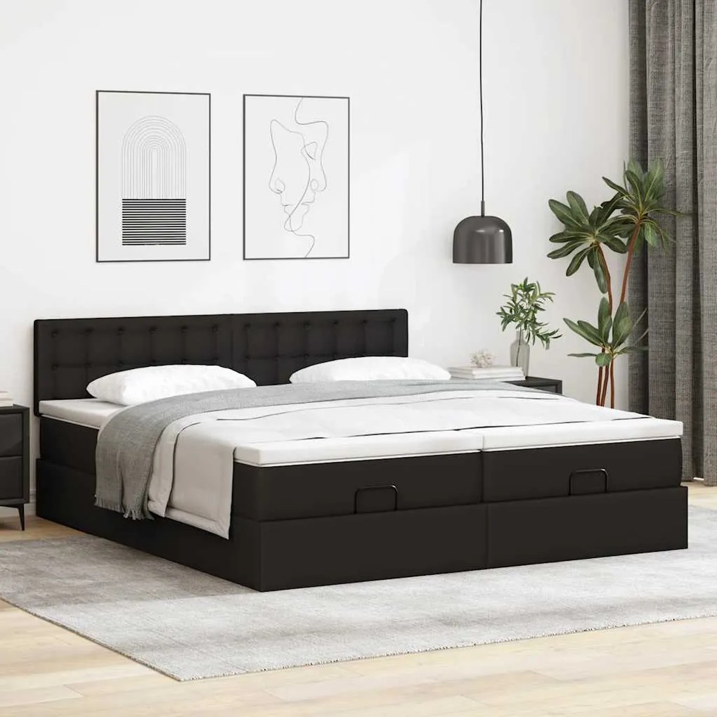 Estrutura de cama otomana com colchões pele artificial preta