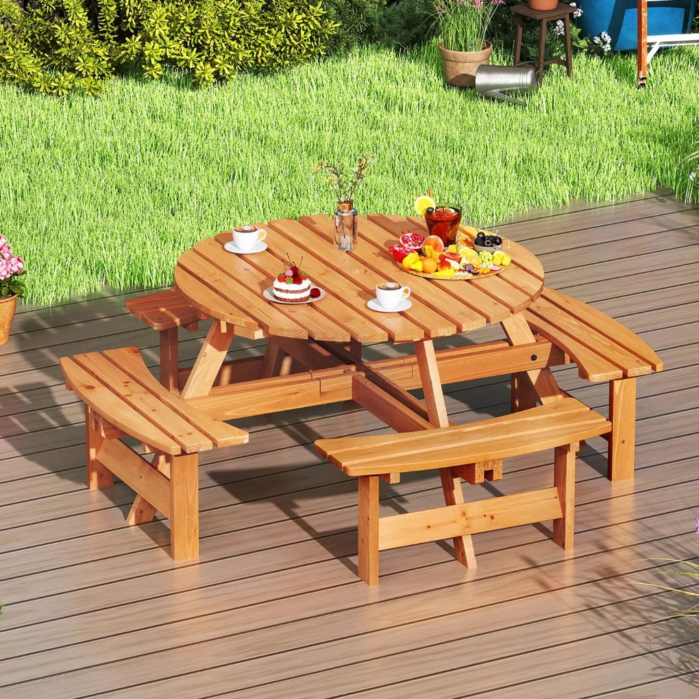 Conjunto de mesa de Jardim ou piquenique redonda com 4 bancos para 8 pessoas com orifício para guarda-sol de 5 cm Amarelo
