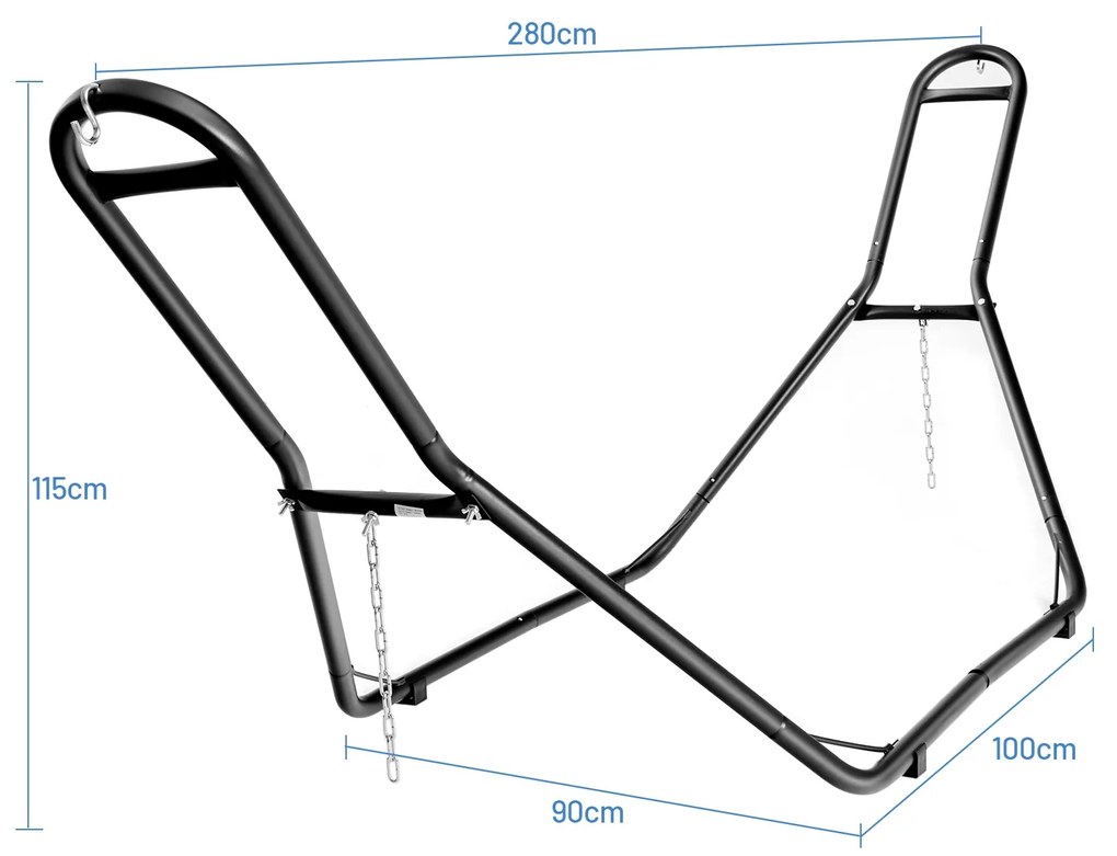 Suporte de rede descanso (Rede não íncluída) com 2 correntes e 2 ganchos em S Ideal com barras extensíveis 280 x 90 x 115 cm Preto