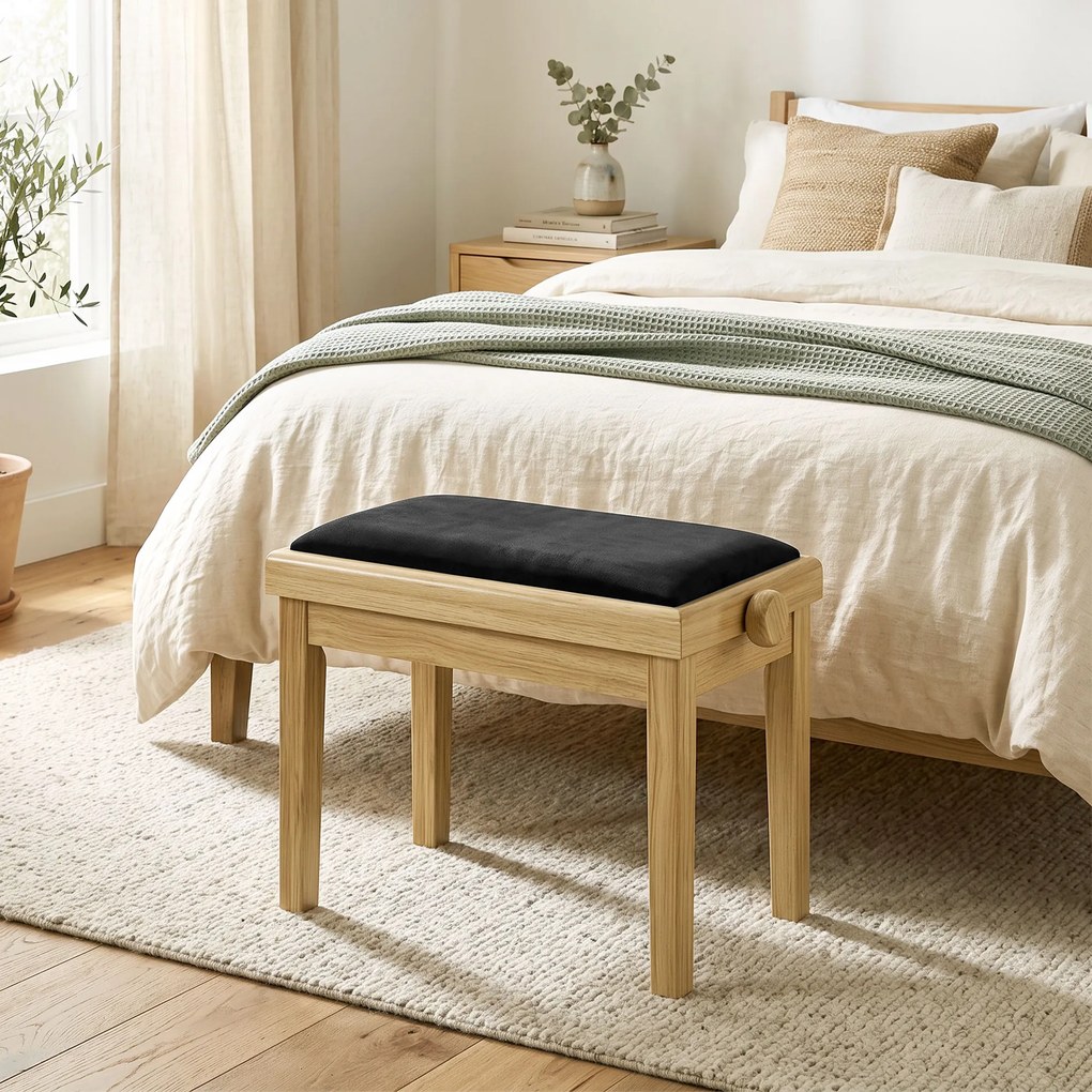 Banco de piano 61,5 L x 33 P x 45-56 A cm ajustável em altura de 45 a 56 cm, banco de teclado, assento almofadado em veludo, madeira natural
