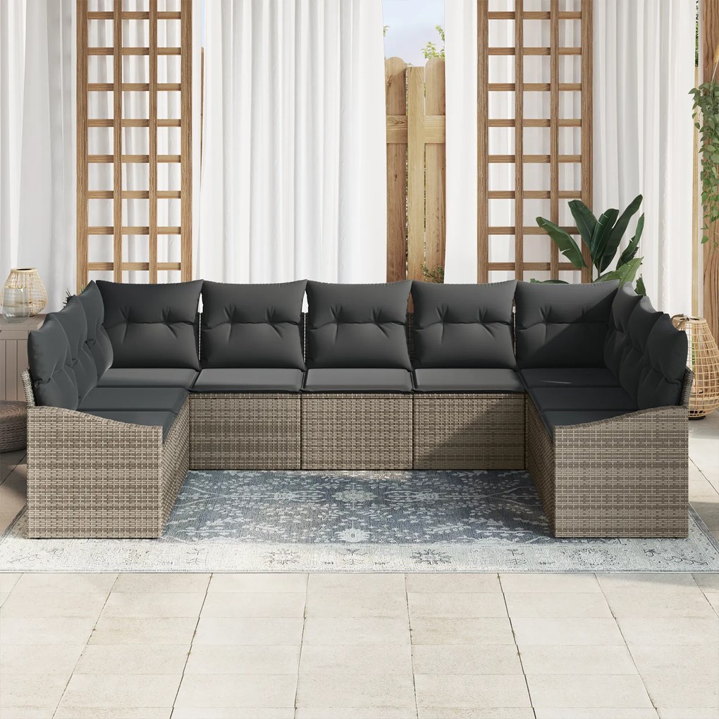 Conjunto de Jantar de 9 Peças com Almofadas Cinza Polyrattan