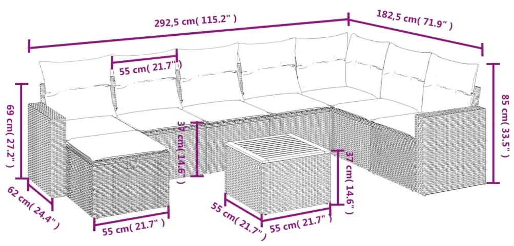 9 pcs conjunto de sofás p/ jardim com almofadões vime PE bege