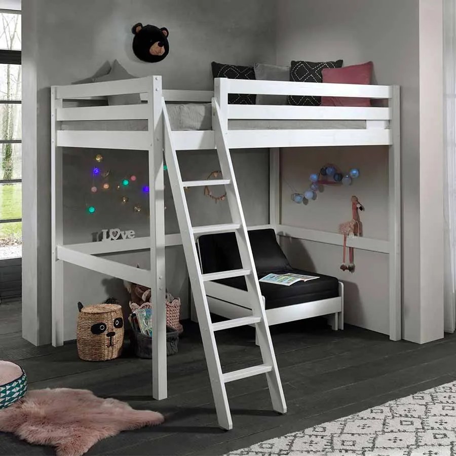 Conjunto Cama alta de Criança PINO 140 x 200 cm + estrado + escada + sofá-cama Branca