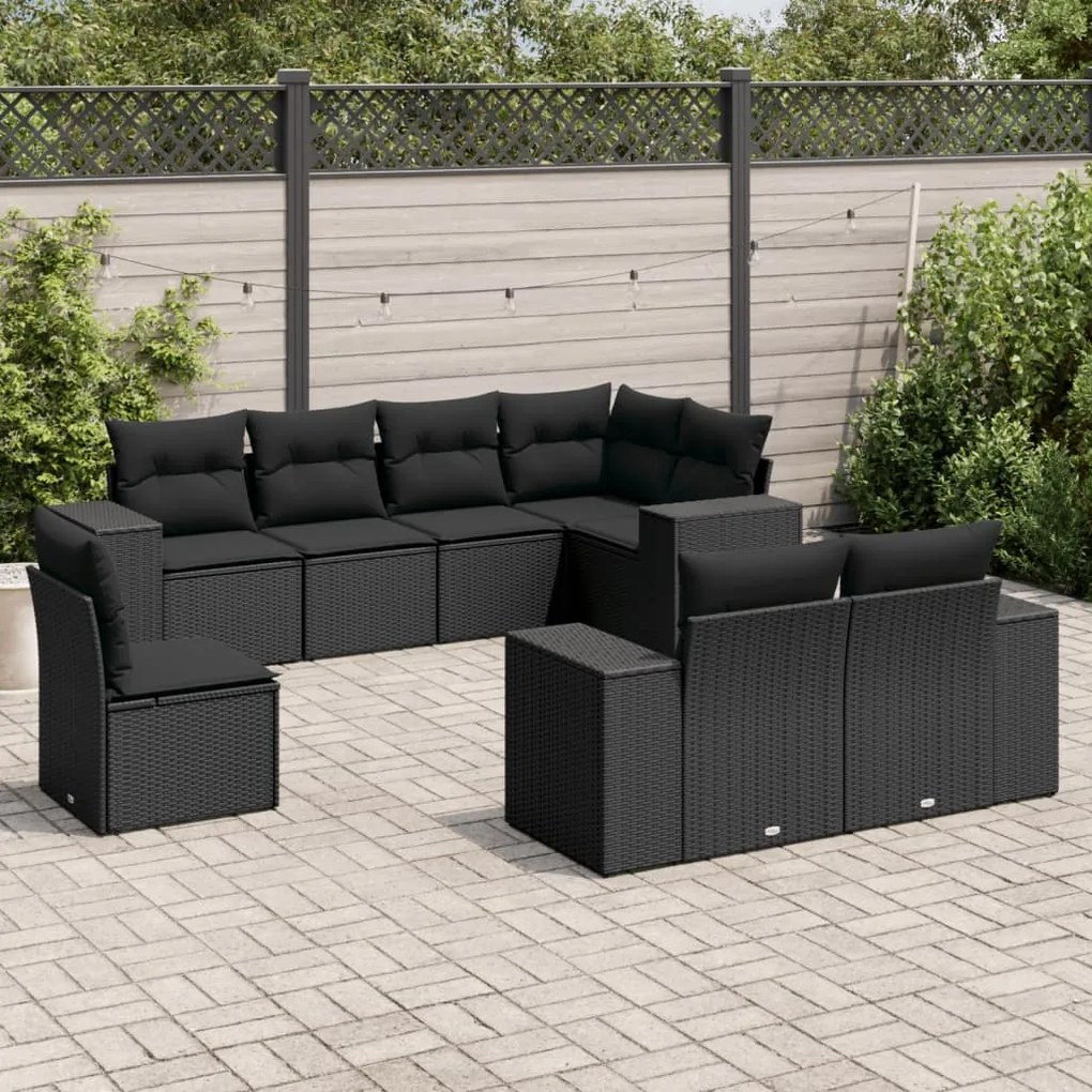 8 pcs conjunto sofás de jardim com almofadões vime PE preto