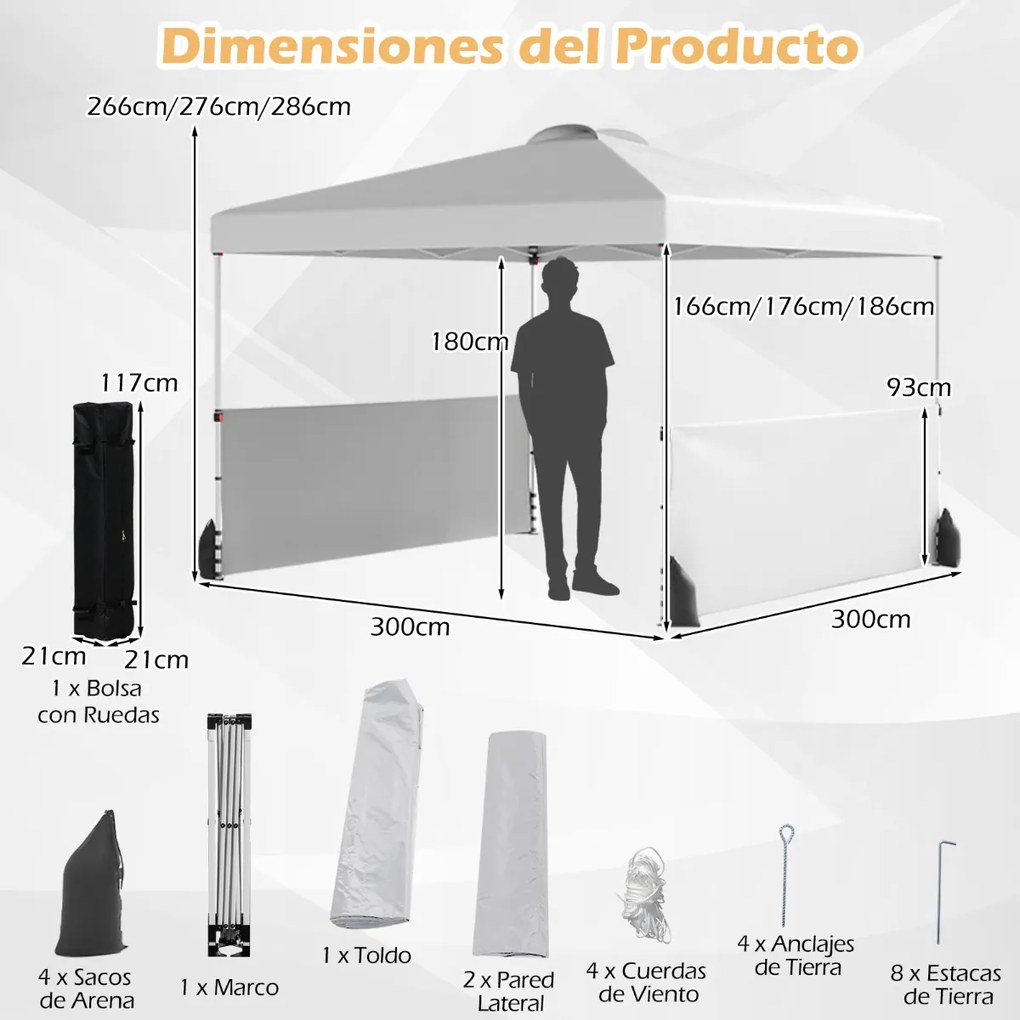 Tenda Jardim pop up 300 X 300 CM com 2 Paredes Laterais com Bolsa , 4 Sacos de areia 8 Estacas 4 Ancoras feiras, festas, eventos Branca