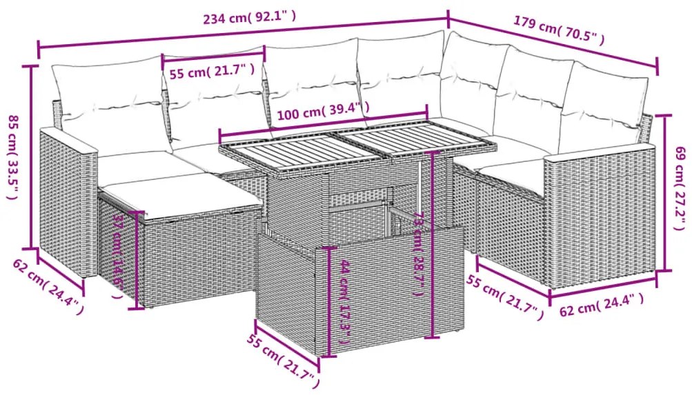 8 pcs conjunto de sofás p/ jardim com almofadões vime PE bege
