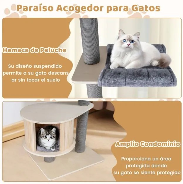 Árvore para gatos de 5 níveis Torre de madeira ajustável de 236-271 cm de altura com gancho casa Postes para arranhar Plataformas cinzentas