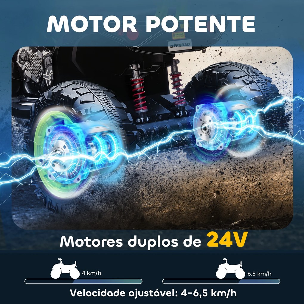 Moto 4 Elétrica para Crianças 24V com 2 Lugares 2 Motores Velocidade até 6,5 km/h Faróis Buzina Música e USB 109x68,5x76 cm Verde
