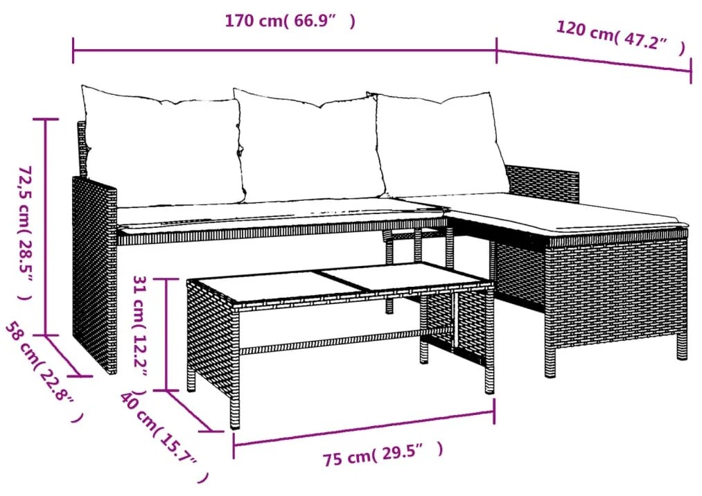 Sofá de jardim forma de L c/ mesa e almofadões vime PE castanho