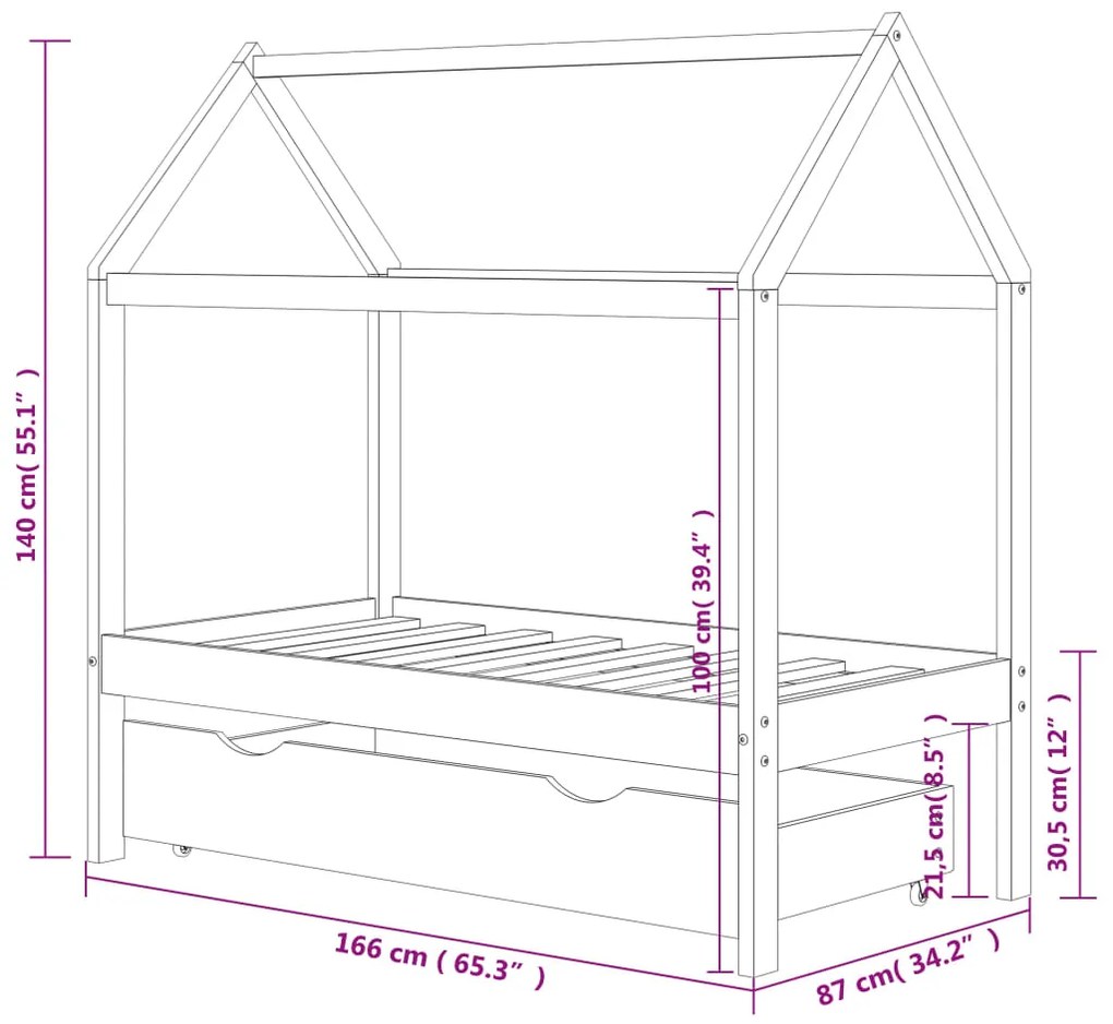 Estrutura de cama para crianças c/ gaveta 80x160cm pinho maciço