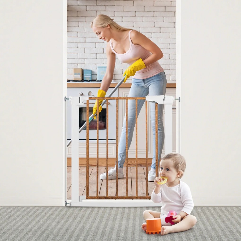 Portão barreira de segurança para bebês de 75-82 cm com data automática 2 aberturas para portões de proteção infantil branco