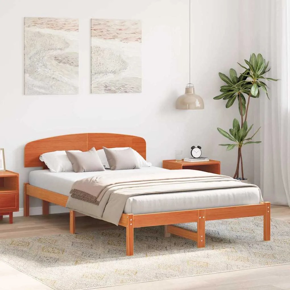Estrado de Cama com Cabeceira Castanha 120x190 cm Madeira Sólida de Pi