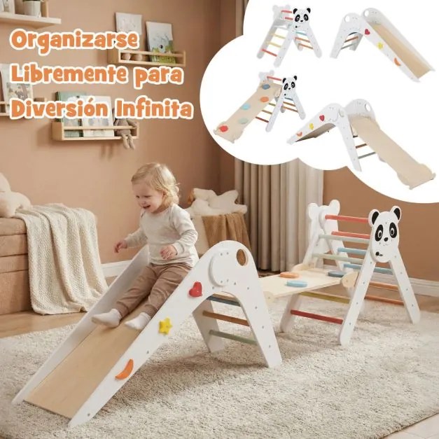 Parque dobrável para escalada para crianças Montessori de escalada em madeira com tema de panda Ginásio interior com escorrega Branco