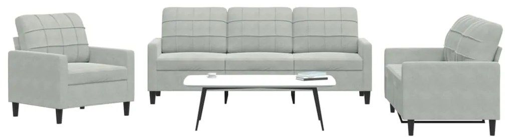 3 pcs conjunto de sofás com almofadões veludo cinzento-claro