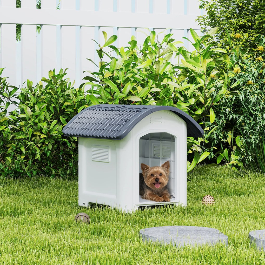 Casota para cães de exterior de plástico 71 x 60 x 63 cm com piso elevado e removível, telhado impermeável, cinzento