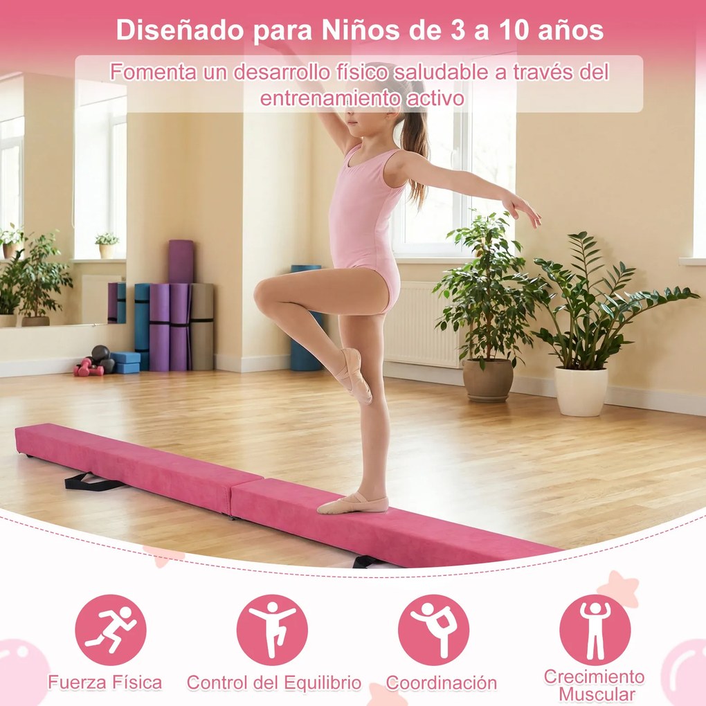 Barra de equilíbrio ginástica dobrável 210 x 10 x 7,5 cm, com base em espuma e madeira antiderrapante, portátil com pega, para uso doméstico, rosa esc