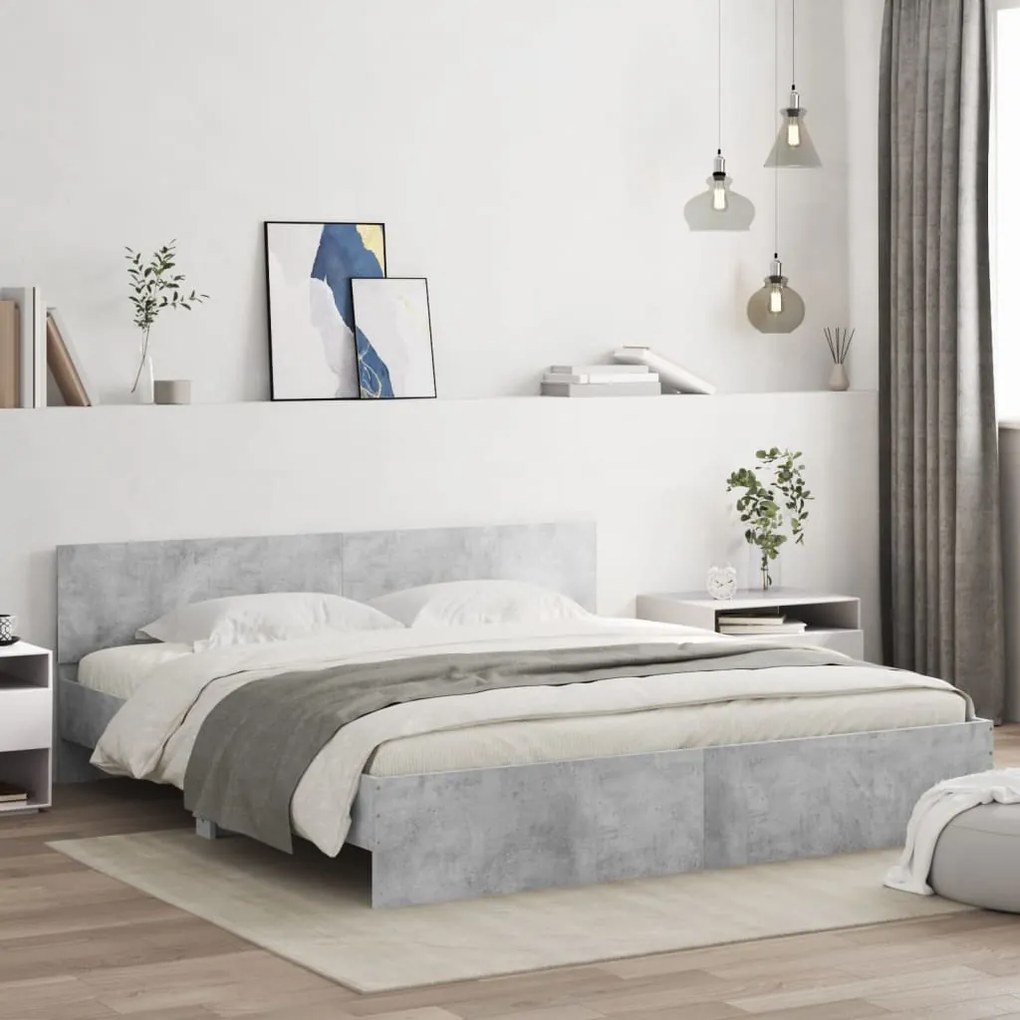 vidaXL Estrutura cama cabeceira e luzes LED 200x200cm cinzento cimento