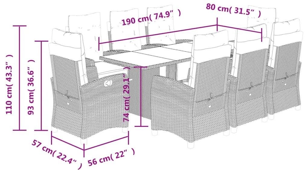 9 pcs conjunto de jantar p/ jardim com almofadões vime PE bege