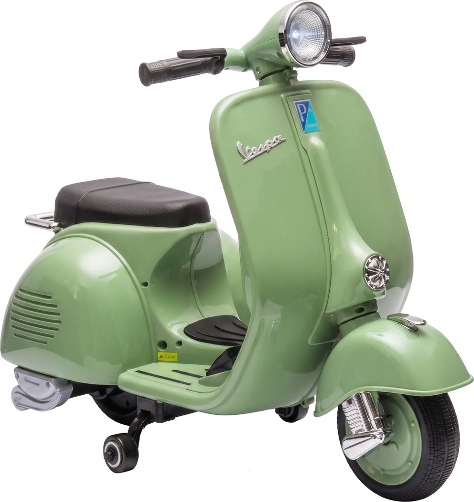AIYAPLAY Mota Elétrica Infantil Vespa com Licença Oficial, Arranque Suave, Rodinhas Desmontáveis, Luz Dianteira, Música, Buzina e USB, Verde | Aosom Portugal