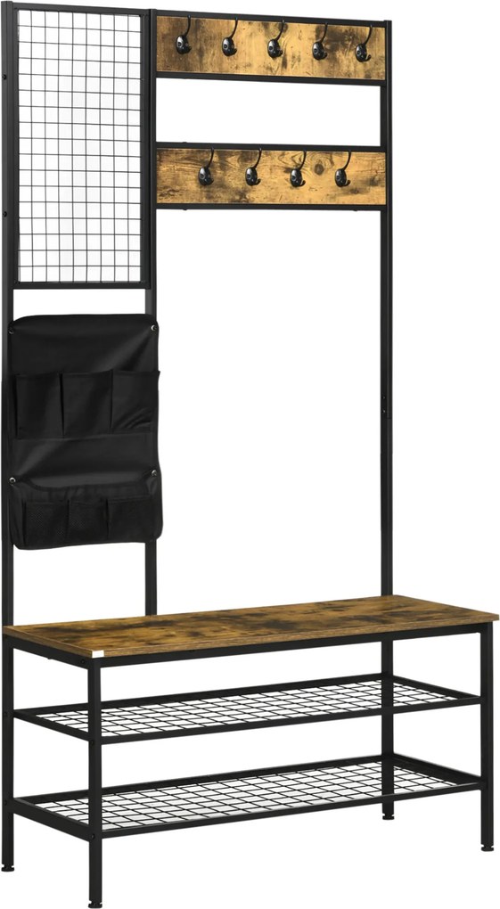 HOMCOM Cabideiro em design industrial, 1 quadro de recados, 1 banco para sapatos, 8 ganchos para roupa, 1 bolsa de armazenamento, Preto + Marrom | Aosom Portugal