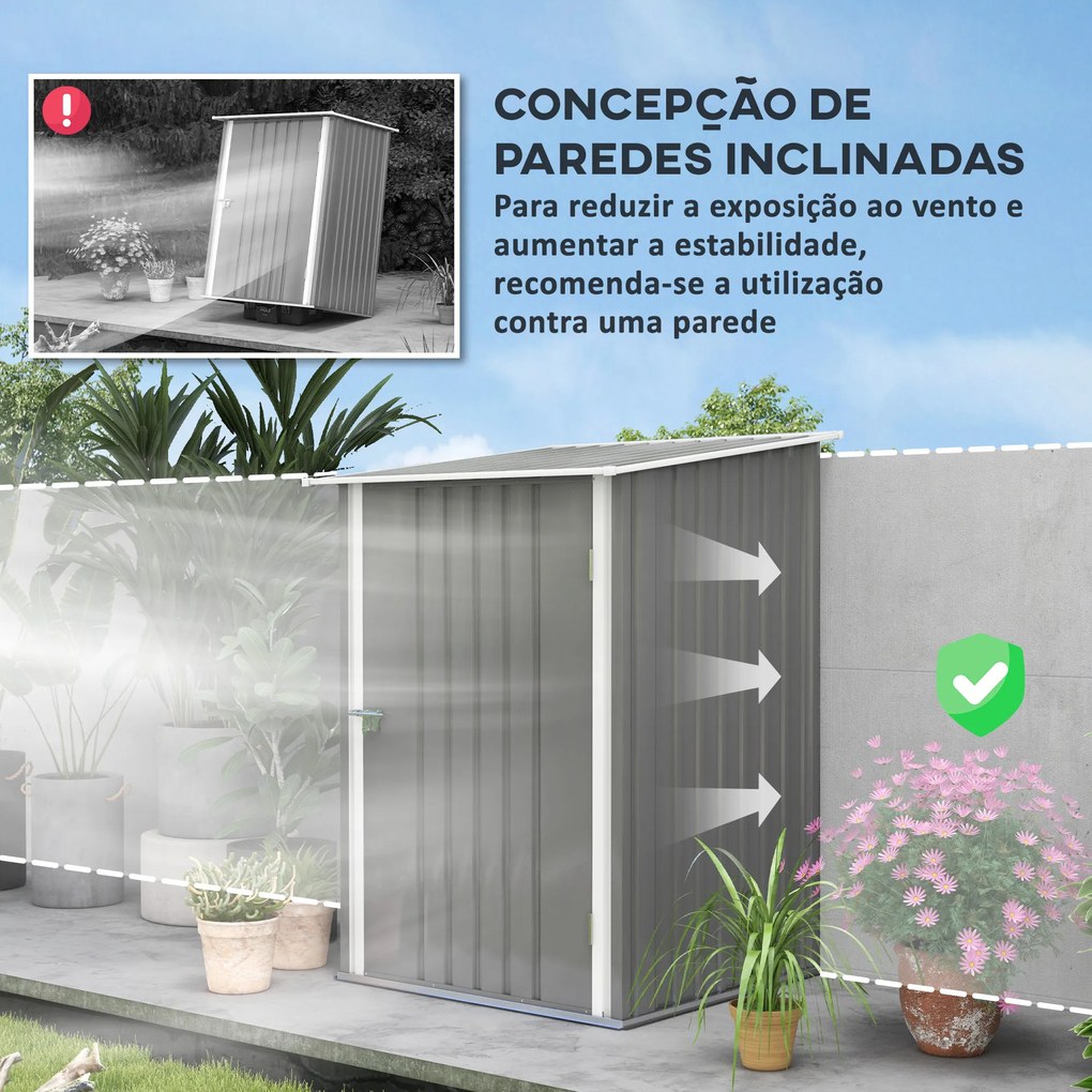 Abrigo de Jardim 0,92 m² 100x103x160 cm de Aço Galvanizado com Porta Fechadura e Teto Inclinado  Cinza