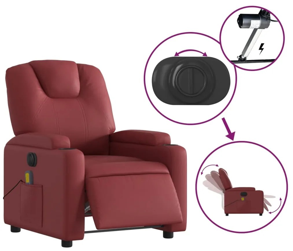 Poltrona massagens reclin. elétrica couro artif. vermelho-tinto