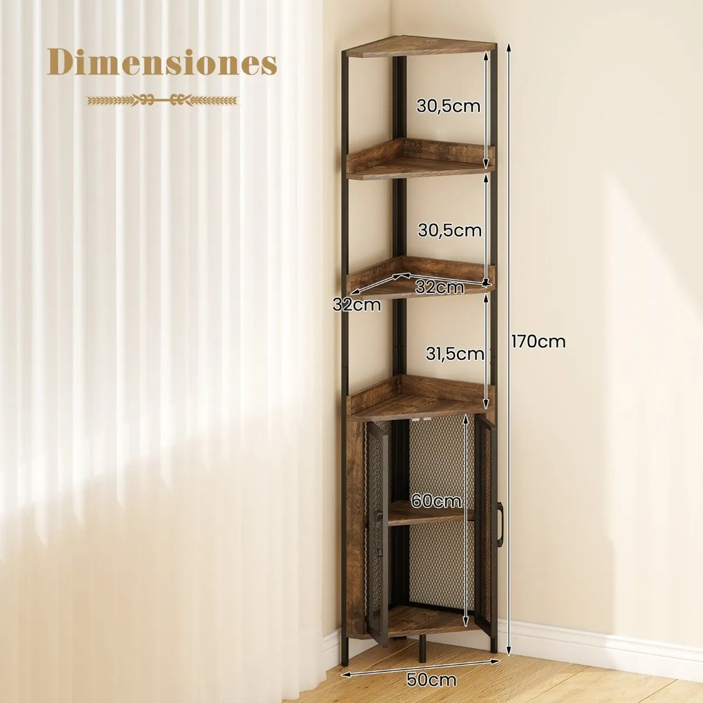 Estante de canto 32 x 32 x 170 cm com 6 níveis com portas para sala, escritório Castanho