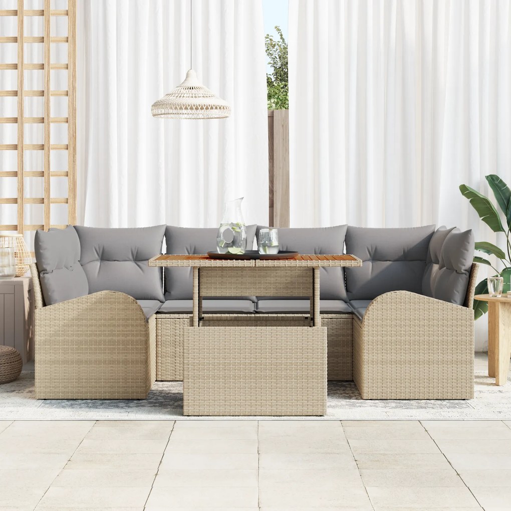 Conjunto de Sofá de Jardim vidaXL de 7 Peças com Almofadas Bege Rattan