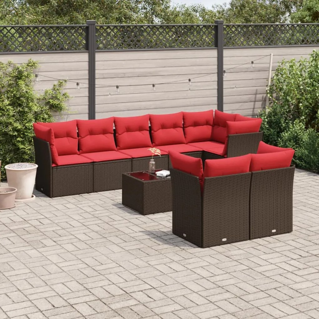 vidaXL 9 pcs conjunto sofás p/ jardim c/ almofadões vime PE castanho