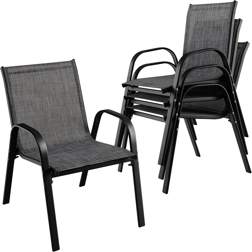 Conjunto de 4 cadeiras de jantar de jardim empilháveis Estrutura resistente ao tecido respirável Pátio exterior Praia 55 x 67 x 83 cm Preto