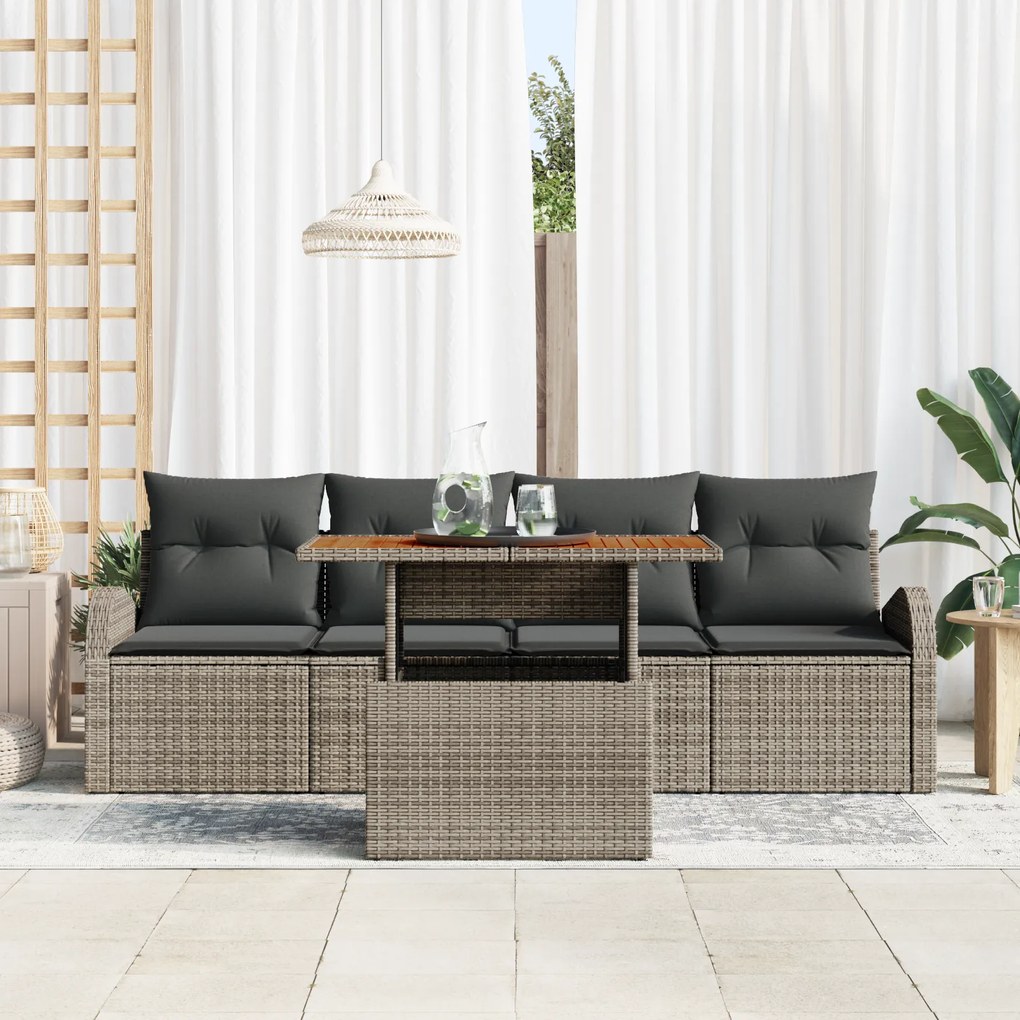Conjunto de Sofá de Jardim de 5 Peças com Almofadas Cinza Poli Rattan,