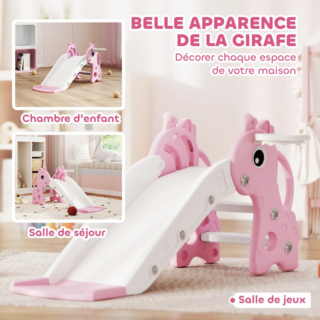 Escorrega infantil 3 em 1 em forma de girafa com cesto de basquetebol, trepa-trepa e bola, 106 x 51,5 x 52 cm, rosa